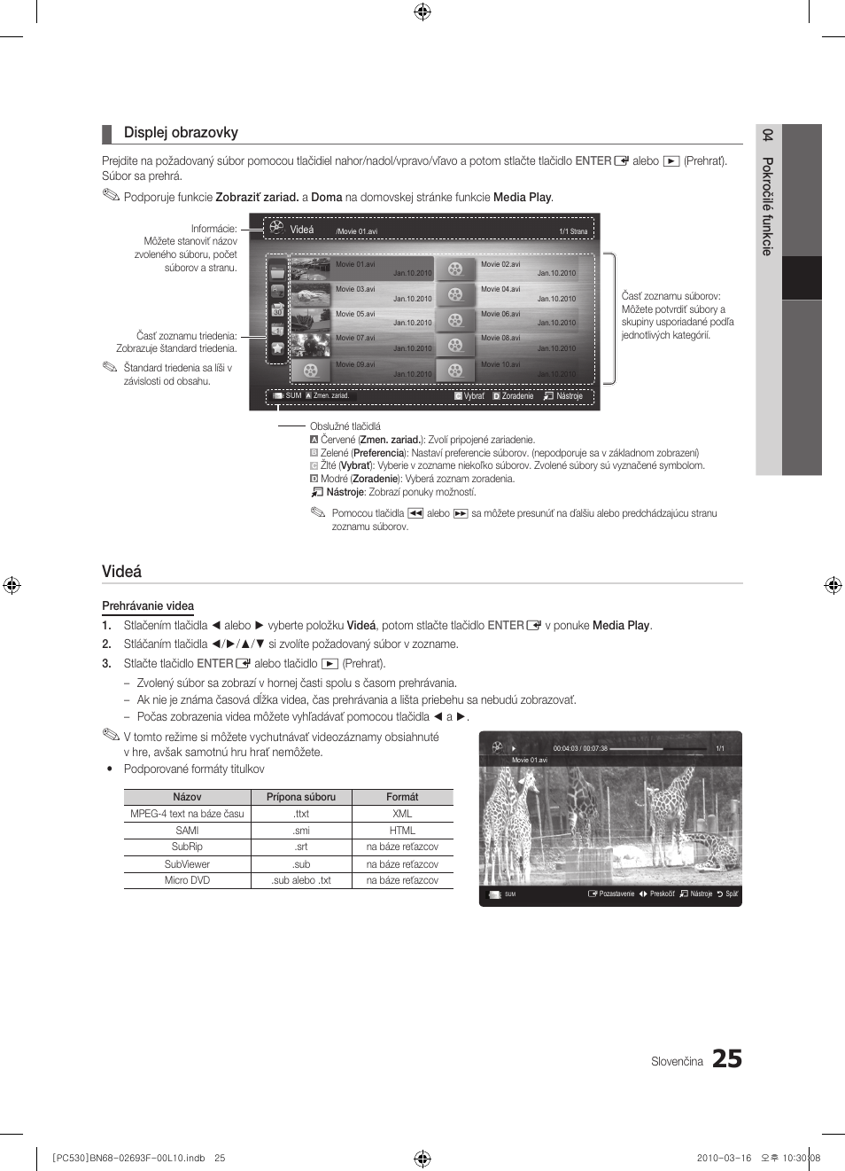 Videá, Displej obrazovky | Samsung PS50C530C1W User Manual | Page 312 / 411