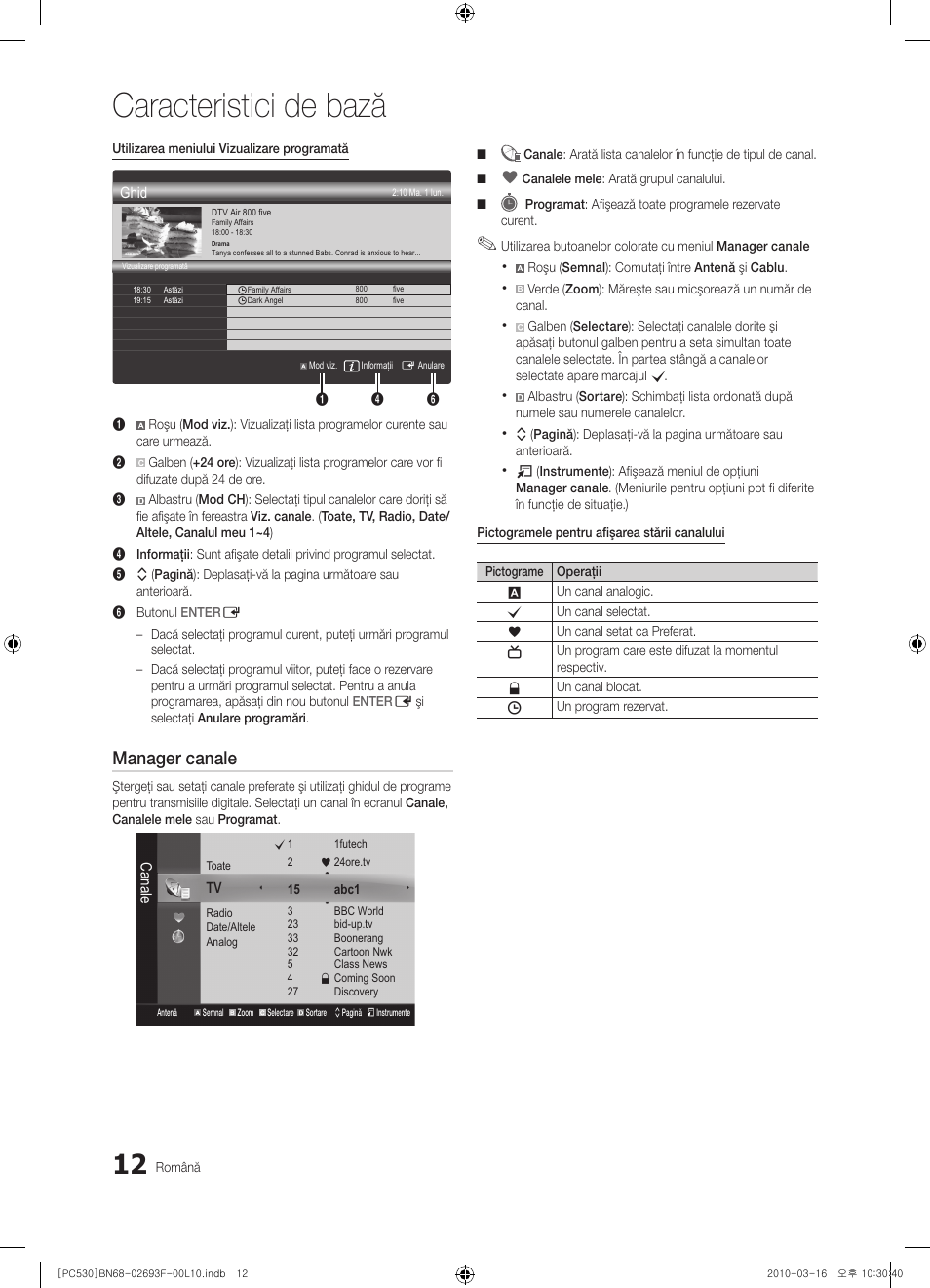 Caracteristici de bază, Manager canale | Samsung PS50C530C1W User Manual | Page 340 / 411