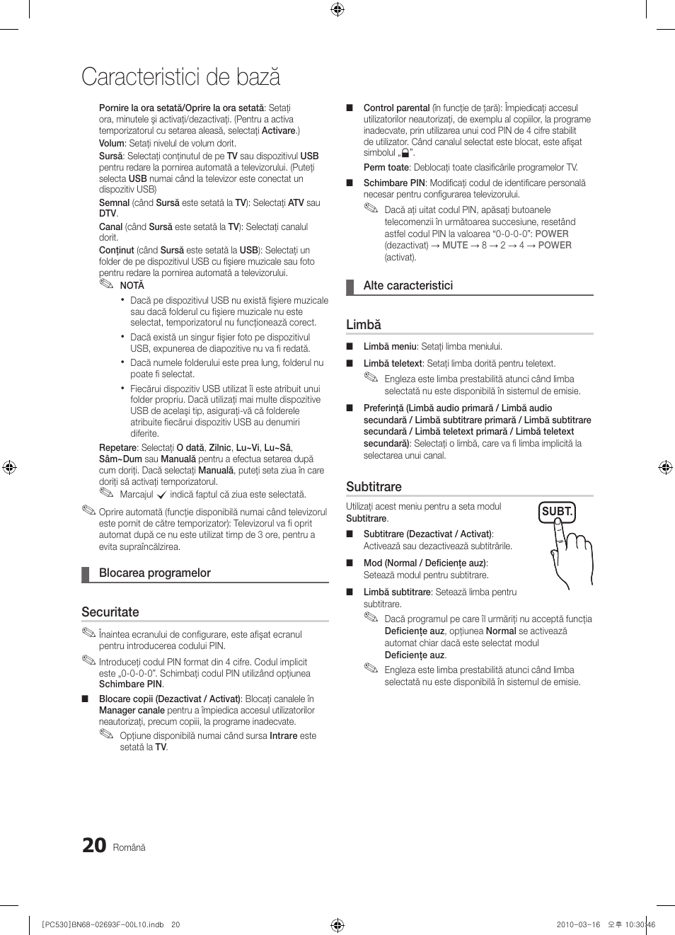 Caracteristici de bază, Securitate, Limbă | Subtitrare | Samsung PS50C530C1W User Manual | Page 348 / 411