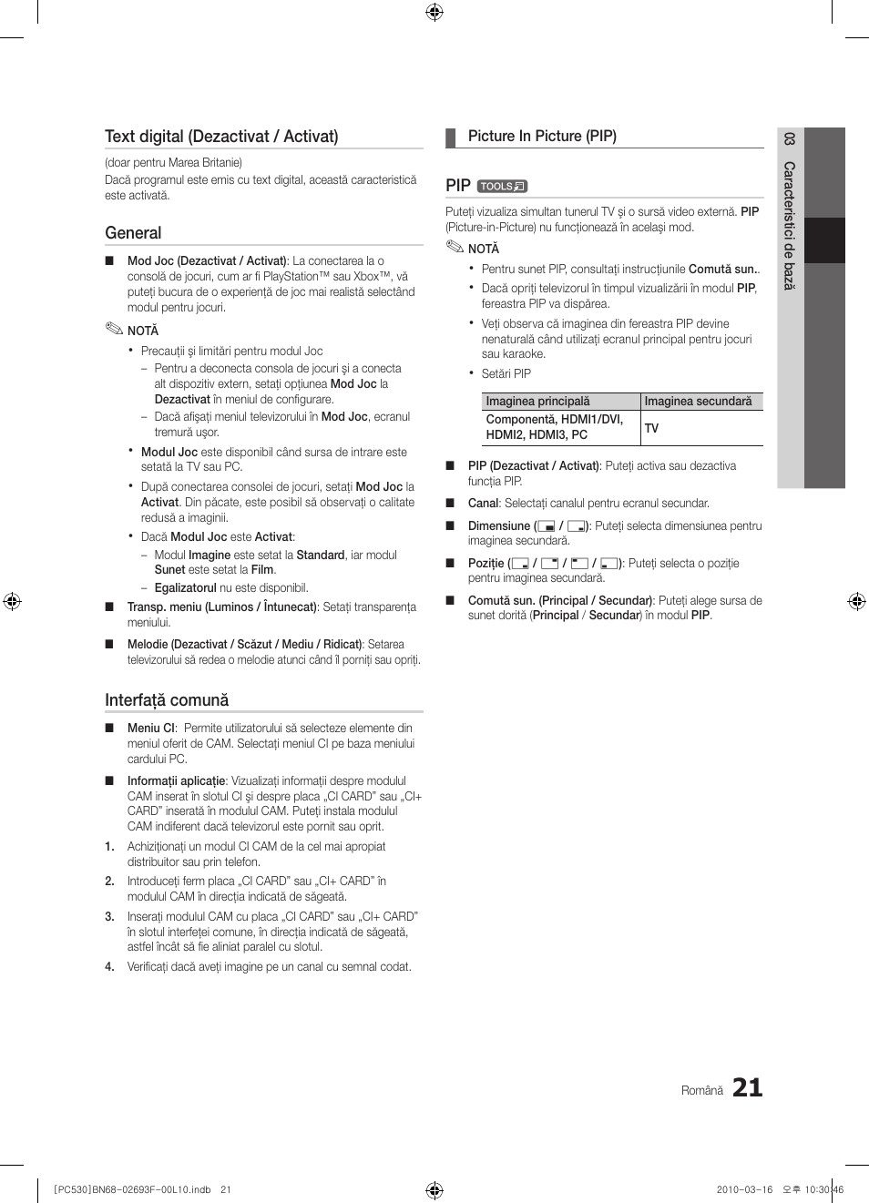 Text digital (dezactivat / activat), General, Interfaţă comună | Samsung PS50C530C1W User Manual | Page 349 / 411