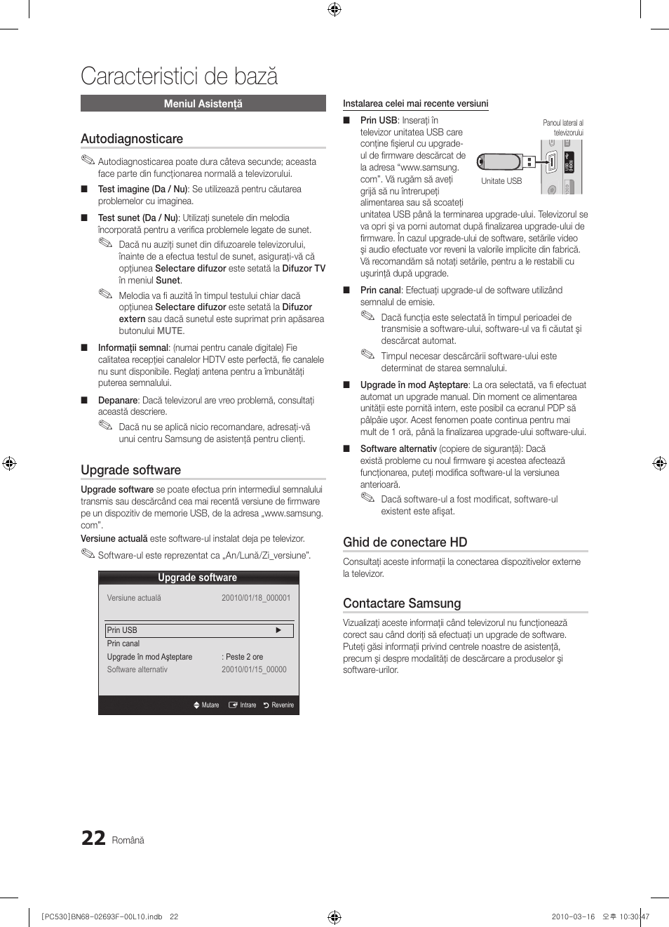 Caracteristici de bază, Autodiagnosticare, Upgrade software | Ghid de conectare hd, Contactare samsung | Samsung PS50C530C1W User Manual | Page 350 / 411
