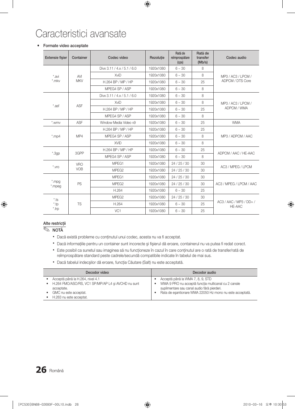 Caracteristici avansate | Samsung PS50C530C1W User Manual | Page 354 / 411