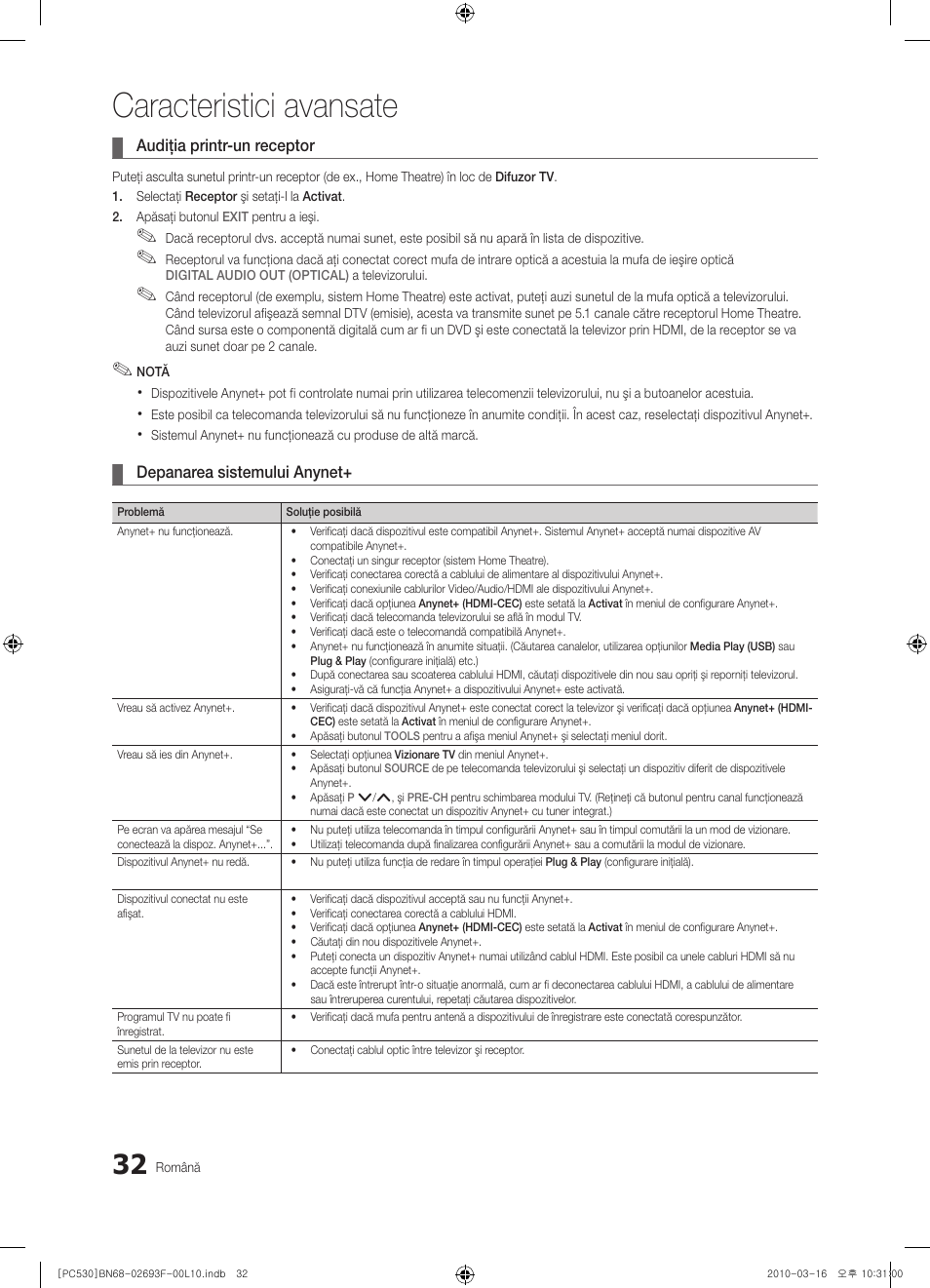 Caracteristici avansate | Samsung PS50C530C1W User Manual | Page 360 / 411