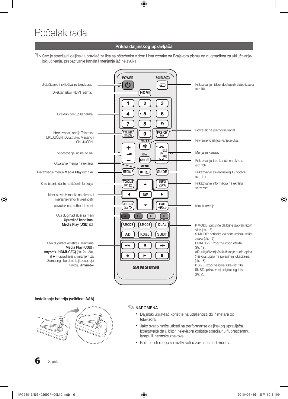 Početak rada | Samsung PS50C530C1W User Manual | Page 375 / 411