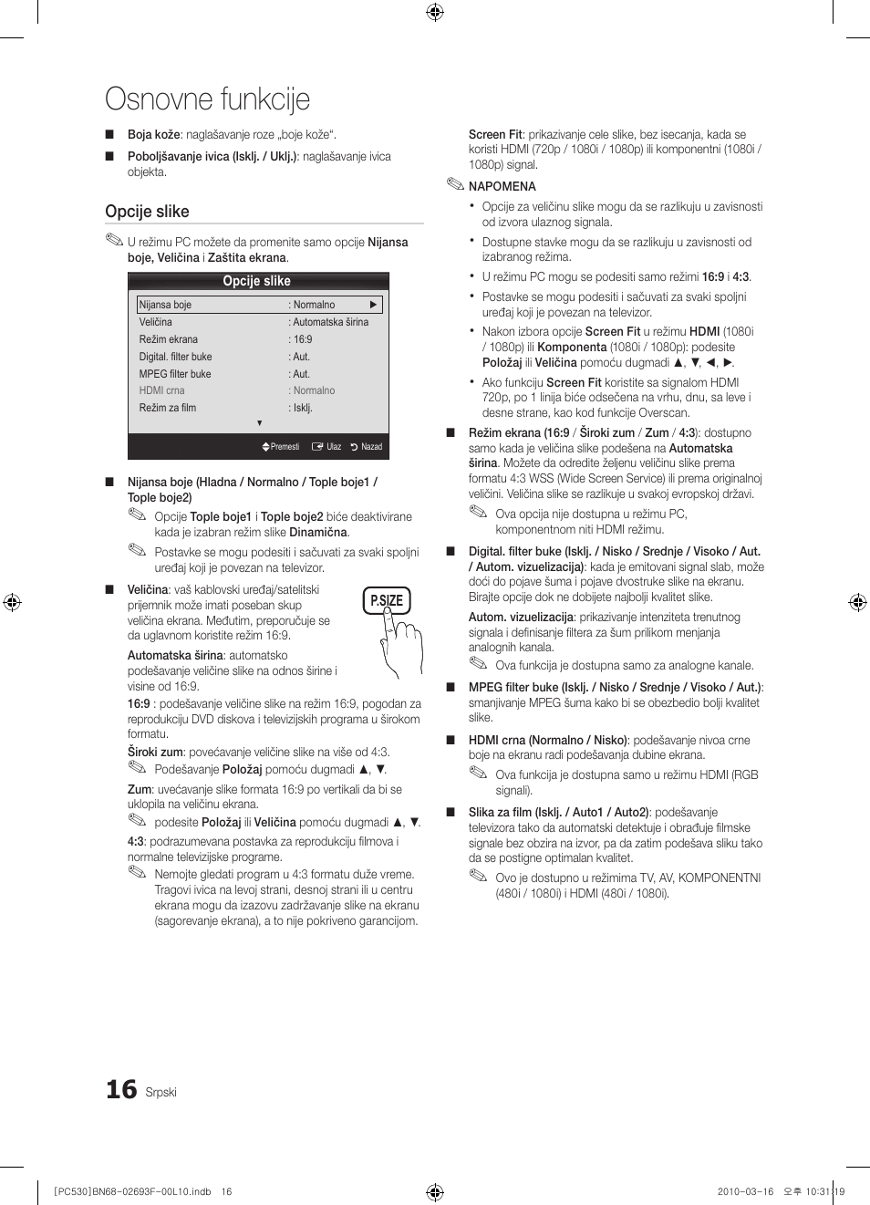 Osnovne funkcije | Samsung PS50C530C1W User Manual | Page 385 / 411