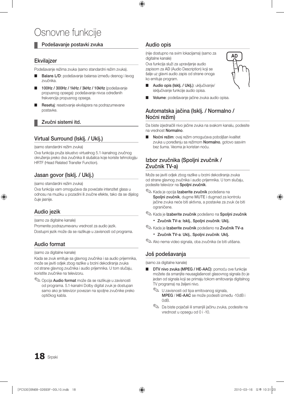 Osnovne funkcije | Samsung PS50C530C1W User Manual | Page 387 / 411