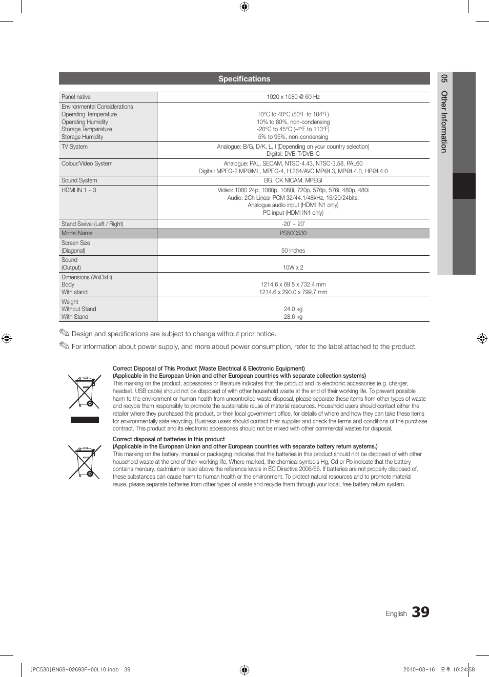 Samsung PS50C530C1W User Manual | Page 39 / 411