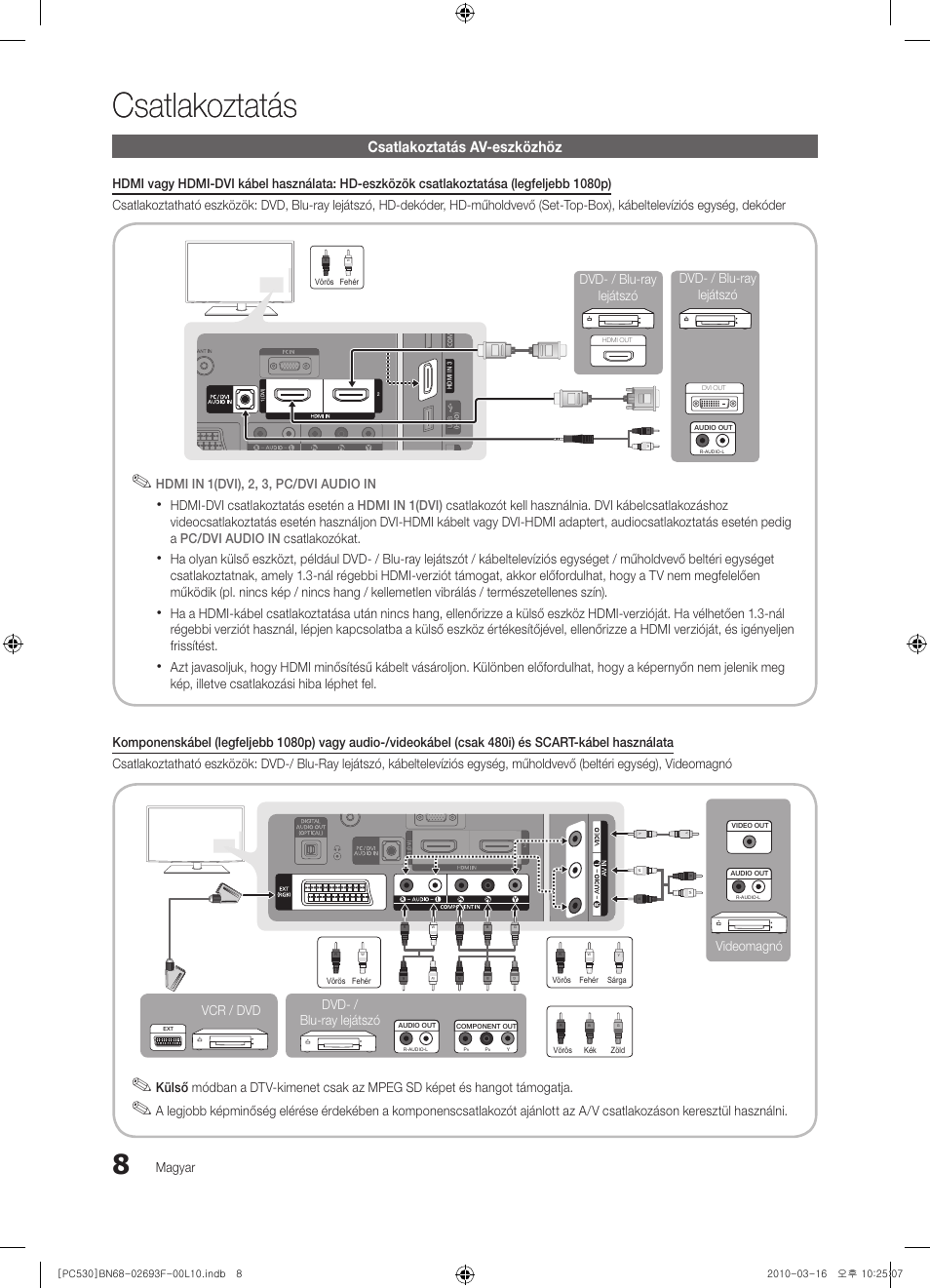 Csatlakoztatás, Csatlakoztatás av-eszközhöz, Magyar | Hdmi in 1(dvi), 2, 3, pc/dvi audio in, Videomagnó dvd- / blu-ray lejátszó, Vcr / dvd, Dvd- / blu-ray lejátszó dvd- / blu-ray lejátszó | Samsung PS50C530C1W User Manual | Page 49 / 411