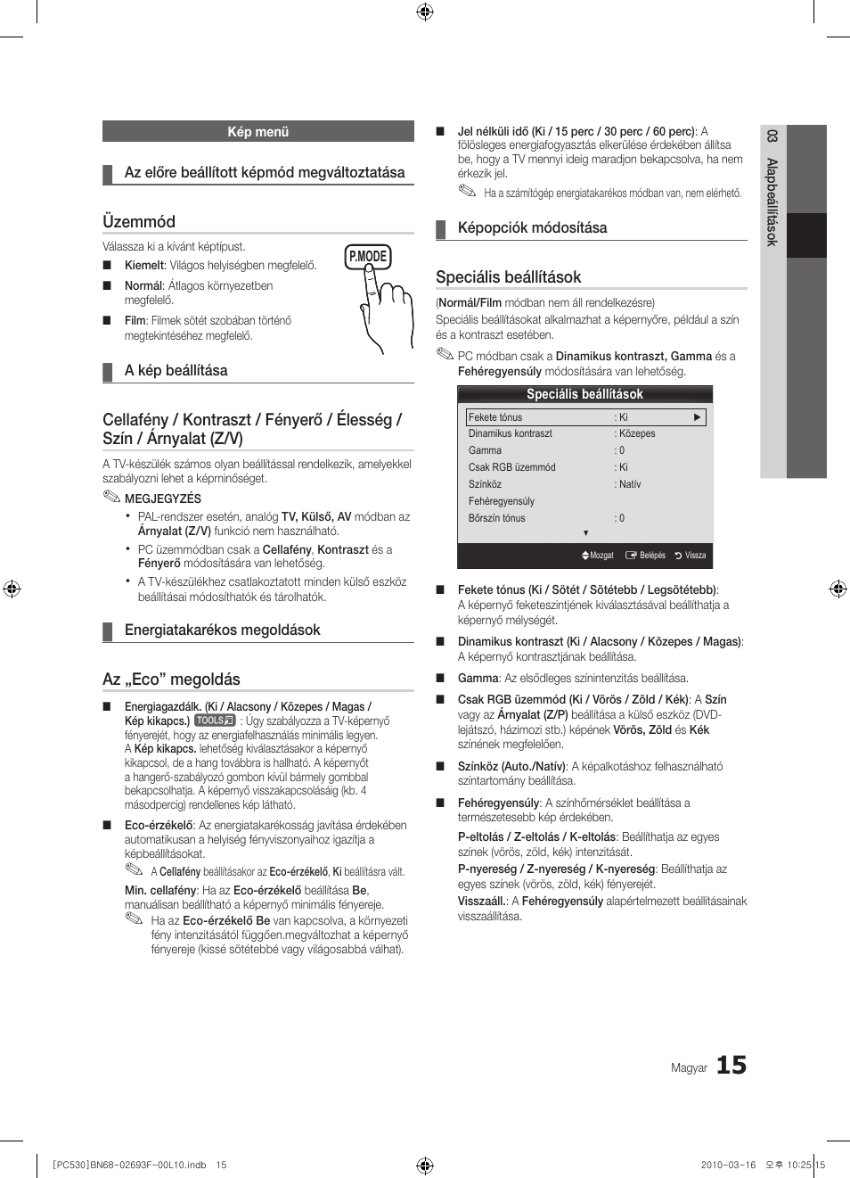 Üzemmód, Az „eco” megoldás, Speciális beállítások | Samsung PS50C530C1W User Manual | Page 56 / 411