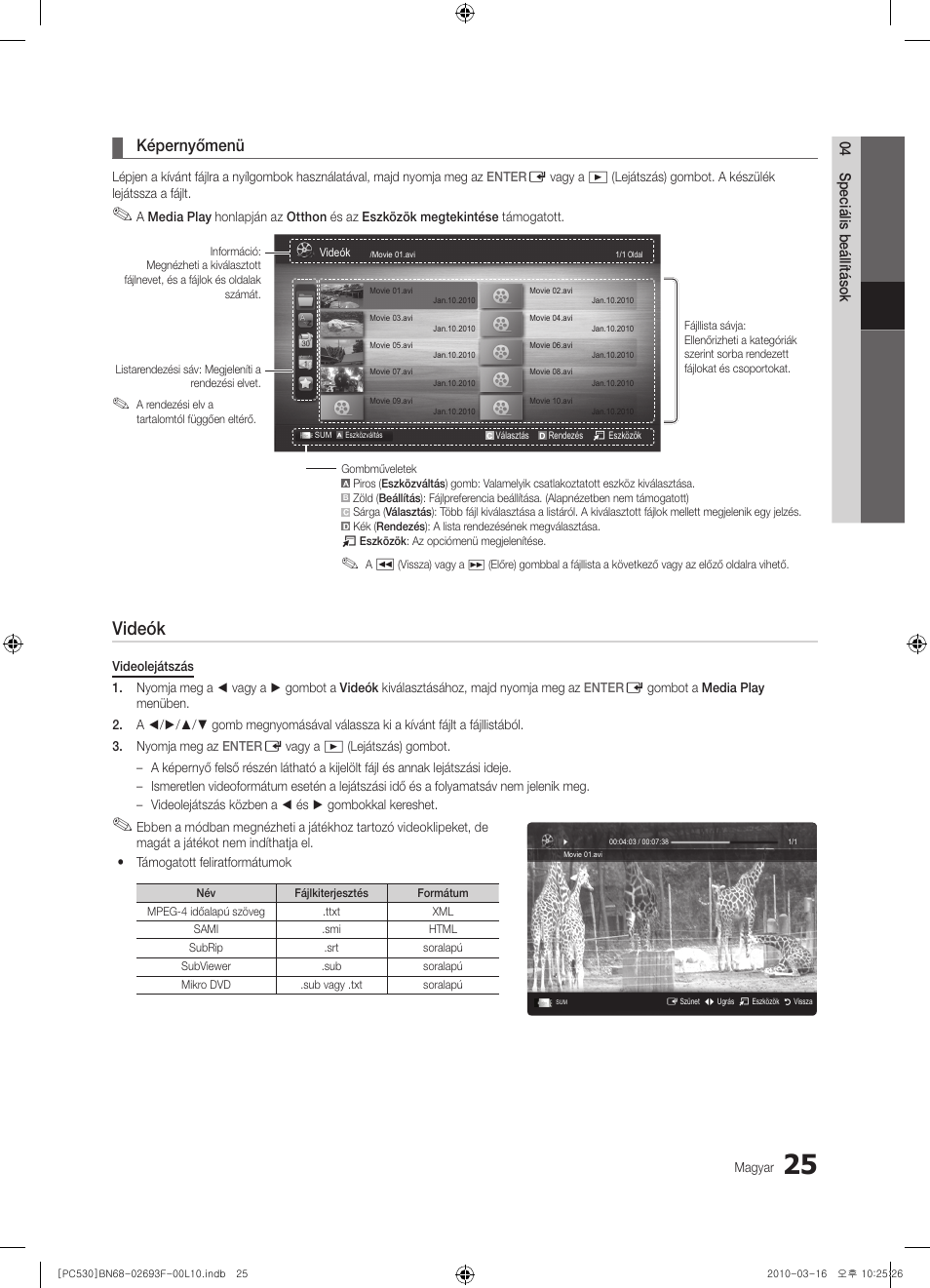 Videók, Képernyőmenü | Samsung PS50C530C1W User Manual | Page 66 / 411