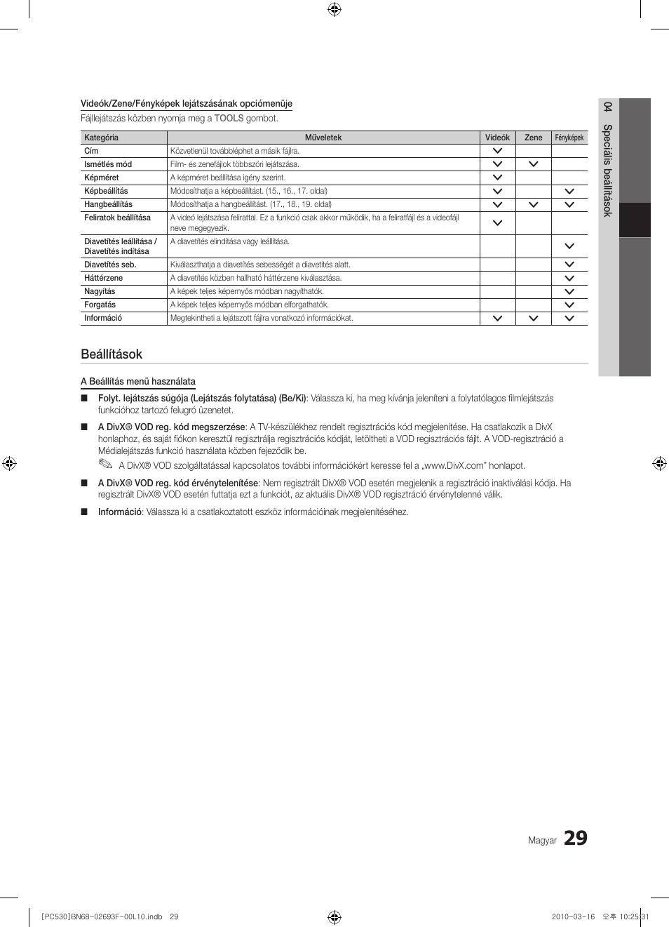 Beállítások | Samsung PS50C530C1W User Manual | Page 70 / 411