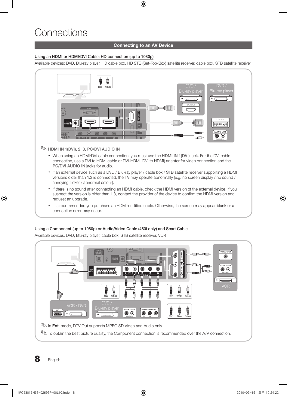 Connections, Connecting to an av device, English | Hdmi in 1(dvi), 2, 3, pc/dvi audio in, Vcr dvd / blu-ray player, Vcr / dvd, Dvd / blu-ray player dvd / blu-ray player | Samsung PS50C530C1W User Manual | Page 8 / 411