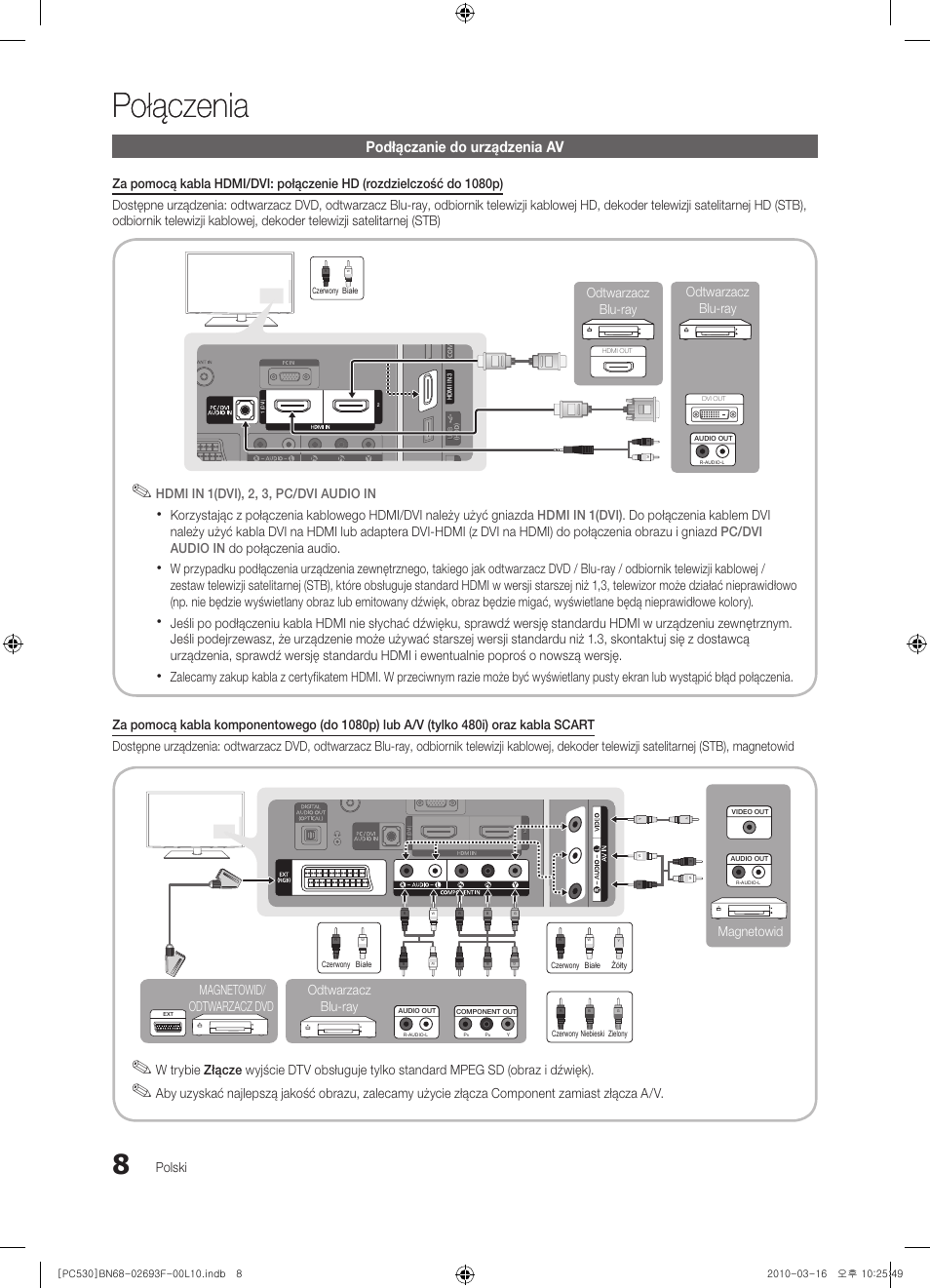 Połączenia, Podłączanie do urządzenia av | Samsung PS50C530C1W User Manual | Page 90 / 411