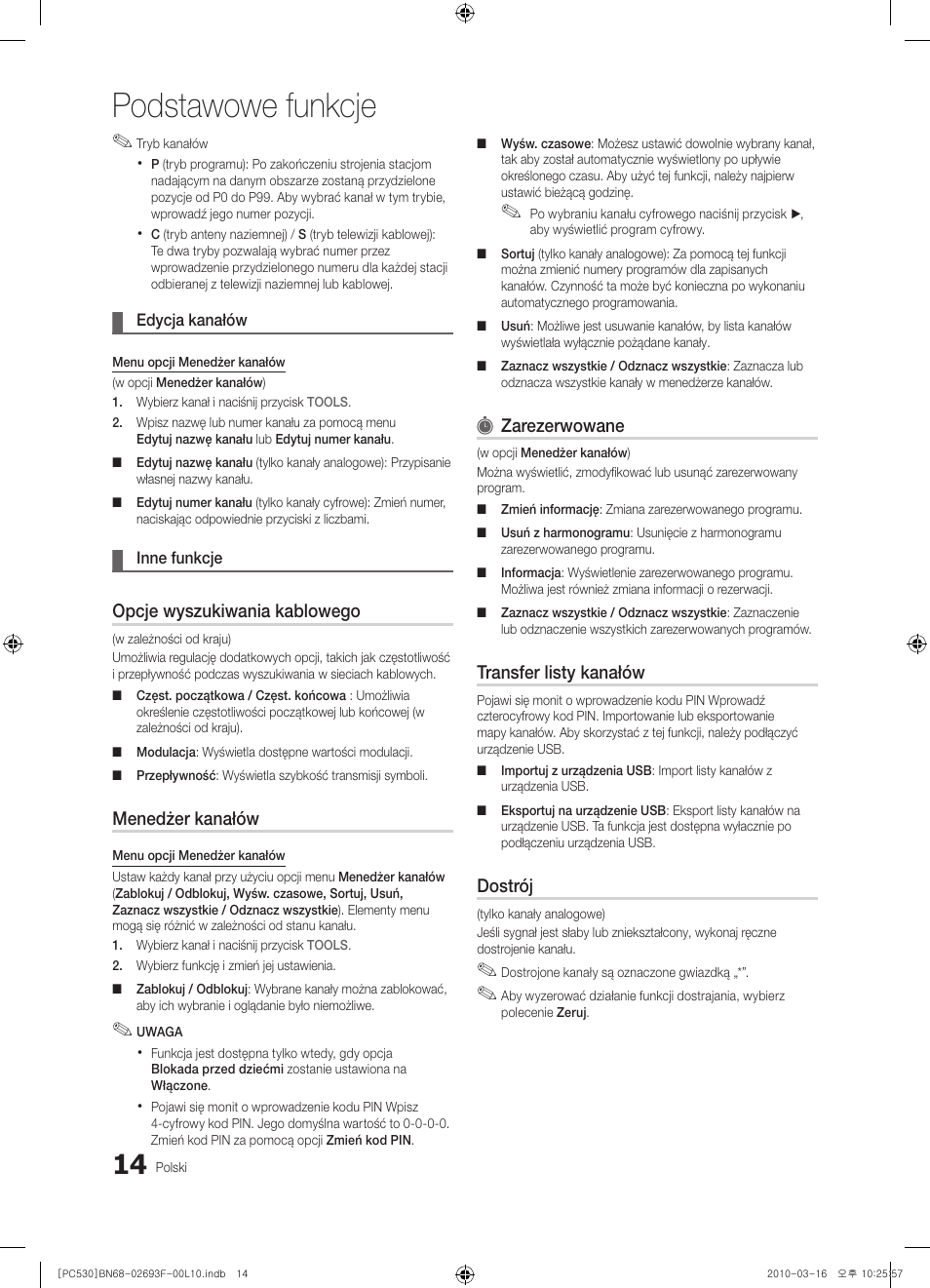 Podstawowe funkcje, Opcje wyszukiwania kablowego, Menedżer kanałów | Zarezerwowane, Transfer listy kanałów, Dostrój | Samsung PS50C530C1W User Manual | Page 96 / 411