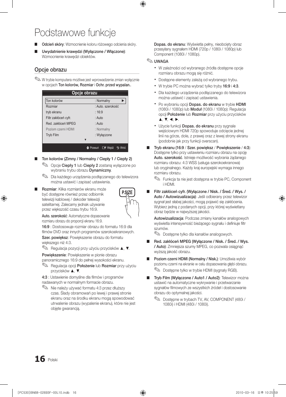 Podstawowe funkcje | Samsung PS50C530C1W User Manual | Page 98 / 411