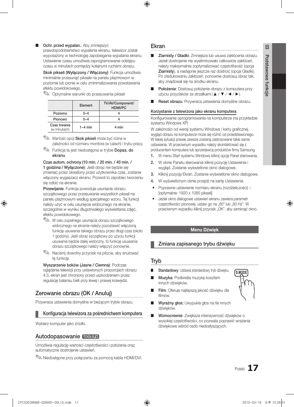 Zerowanie obrazu (ok / anuluj), Autodopasowanie, Ekran | Tryb | Samsung PS50C530C1W User Manual | Page 99 / 411