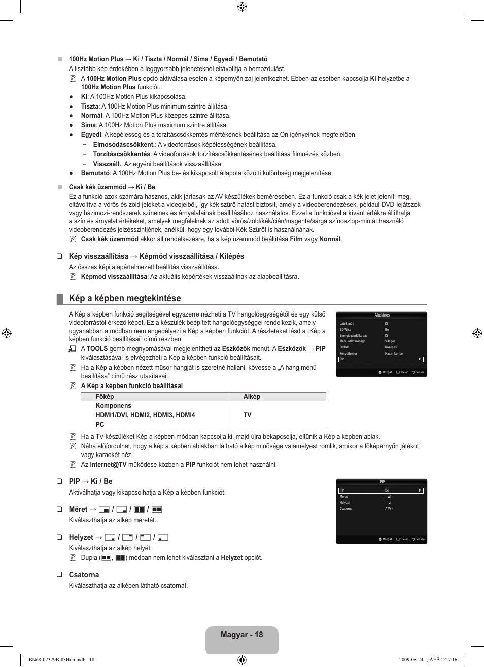 Kép a képben megtekintése, Magyar - 1, Pip → ki / be | Méret → х / г / а / œ, Helyzet → ã / – / — / œ, Csatorna | Samsung UE32B7020WW User Manual | Page 102 / 702