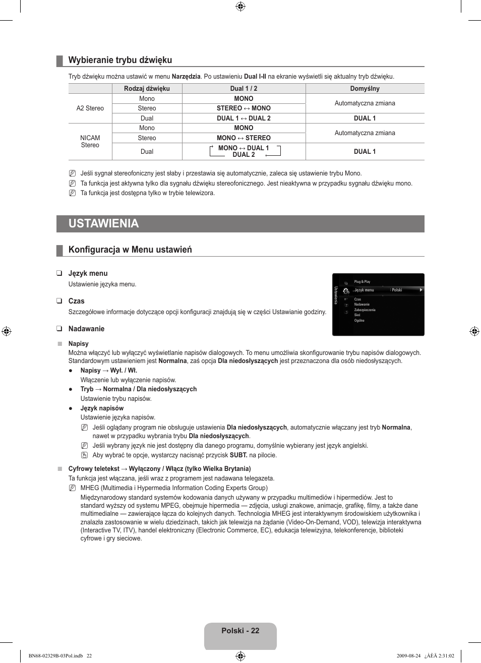 Ustawienia, Wybieranie trybu dźwięku, Konfiguracja w menu ustawień | Samsung UE32B7020WW User Manual | Page 174 / 702