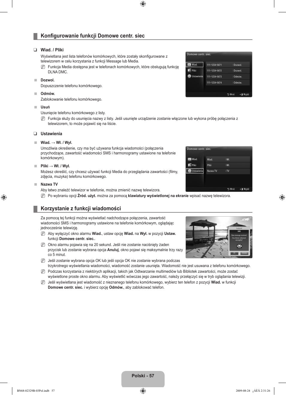 Konfigurowanie funkcji domowe centr. siec, Korzystanie z funkcji wiadomości, Polski | Wiad. / pliki, Ustawienia | Samsung UE32B7020WW User Manual | Page 209 / 702