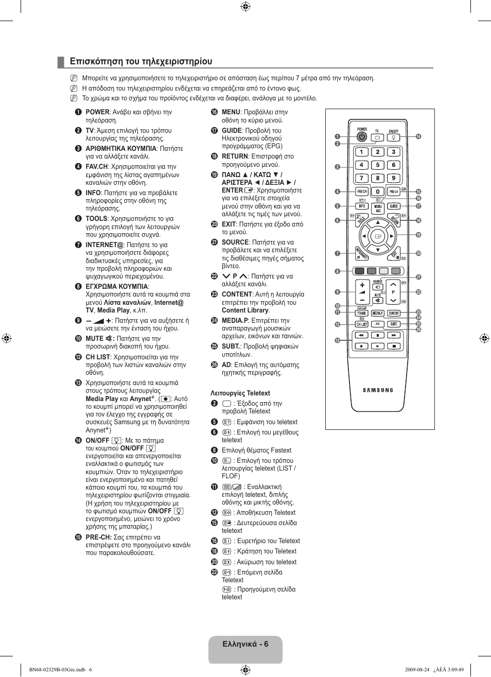 Επισκόπηση του τηλεχειριστηρίου | Samsung UE32B7020WW User Manual | Page 226 / 702
