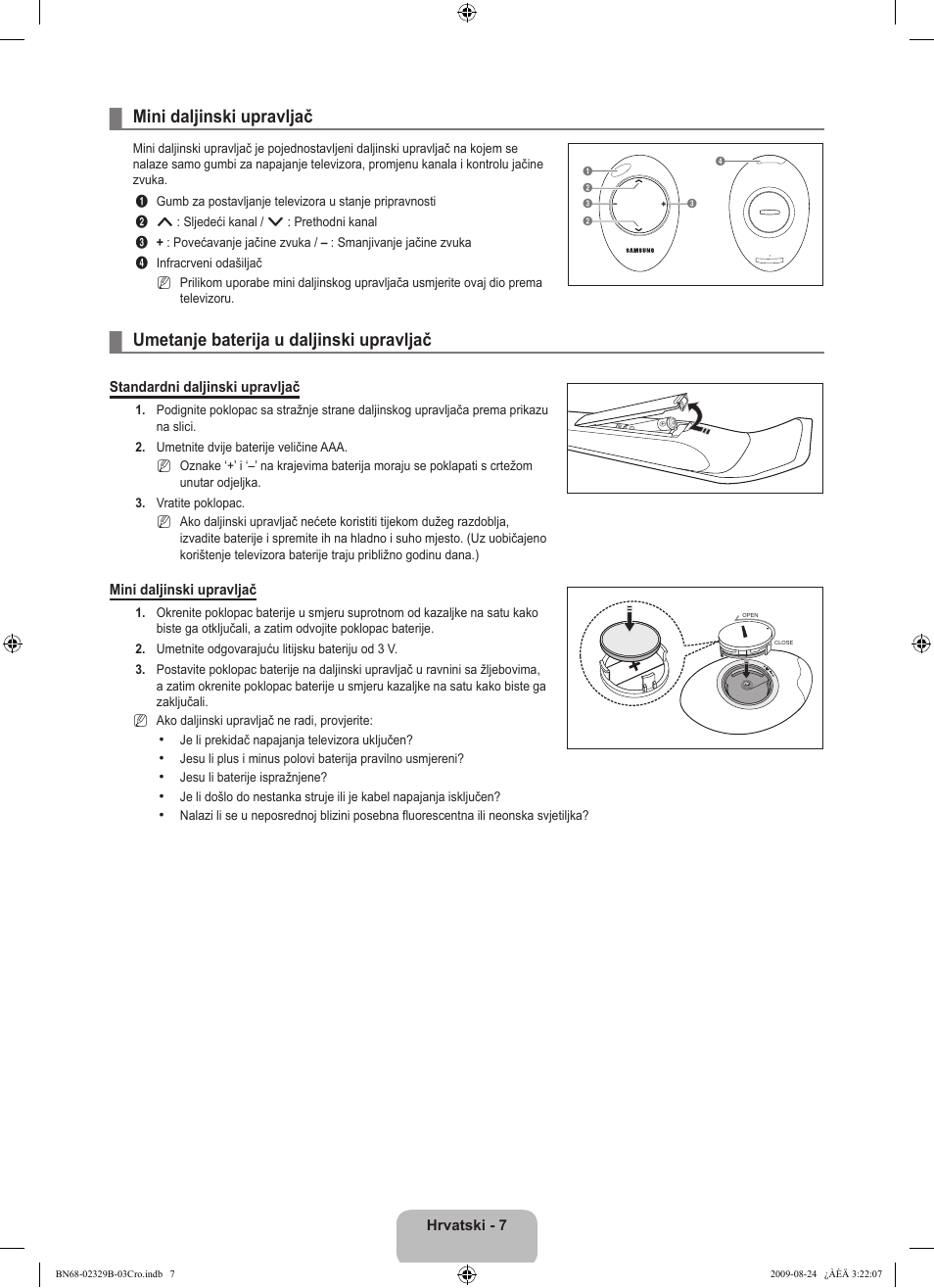 Mini daljinski upravljač, Umetanje baterija u daljinski upravljač | Samsung UE32B7020WW User Manual | Page 363 / 702