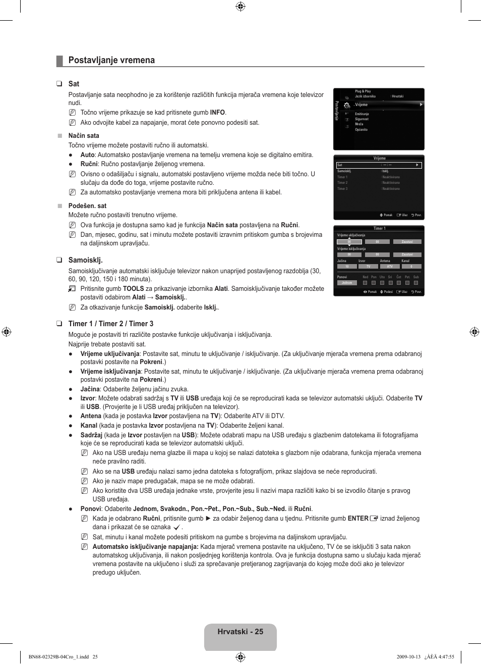 Postavljanje vremena, Hrvatski - 25, Samoisklj | Timer 1 / timer 2 / timer 3 | Samsung UE32B7020WW User Manual | Page 381 / 702
