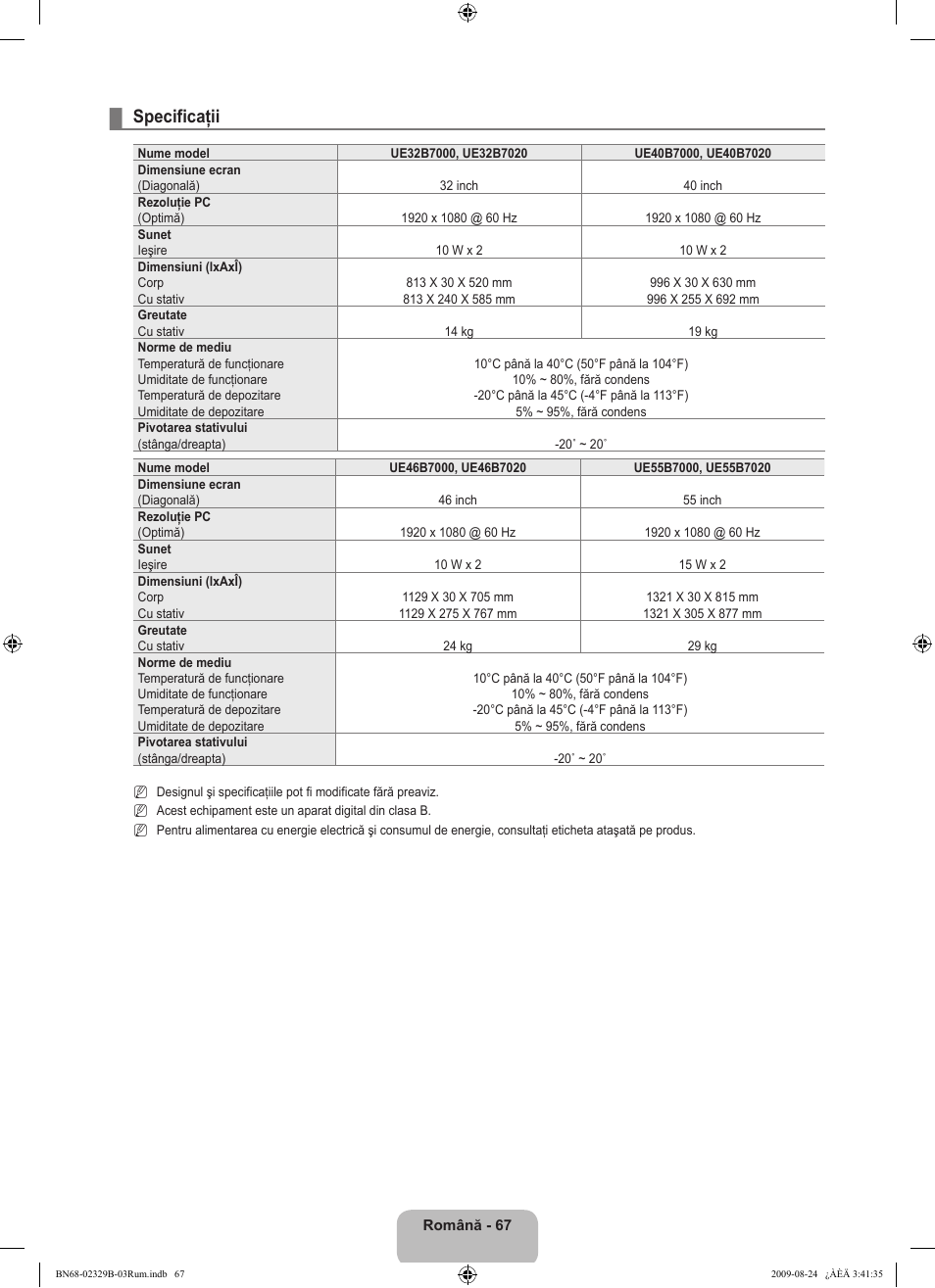Specificaţii | Samsung UE32B7020WW User Manual | Page 627 / 702