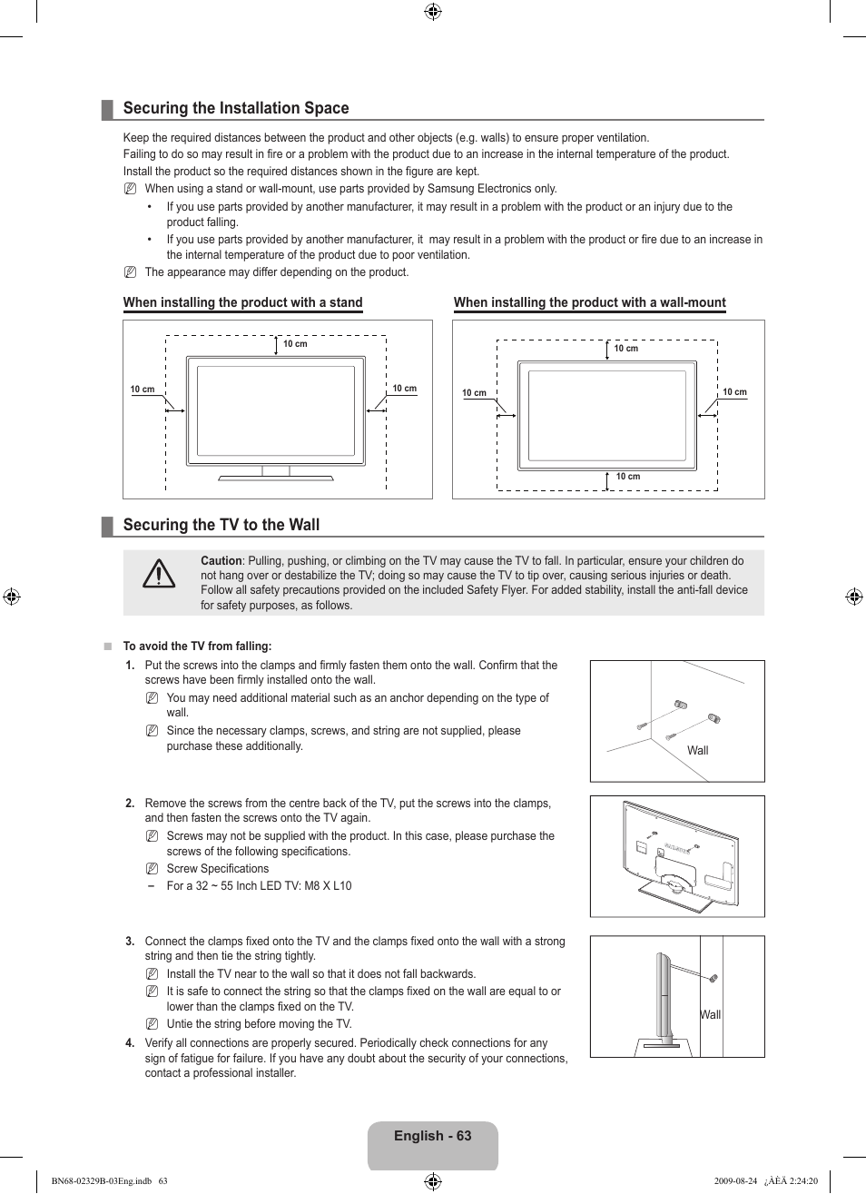 Securing the installation space, Securing the tv to the wall | Samsung UE32B7020WW User Manual | Page 65 / 702
