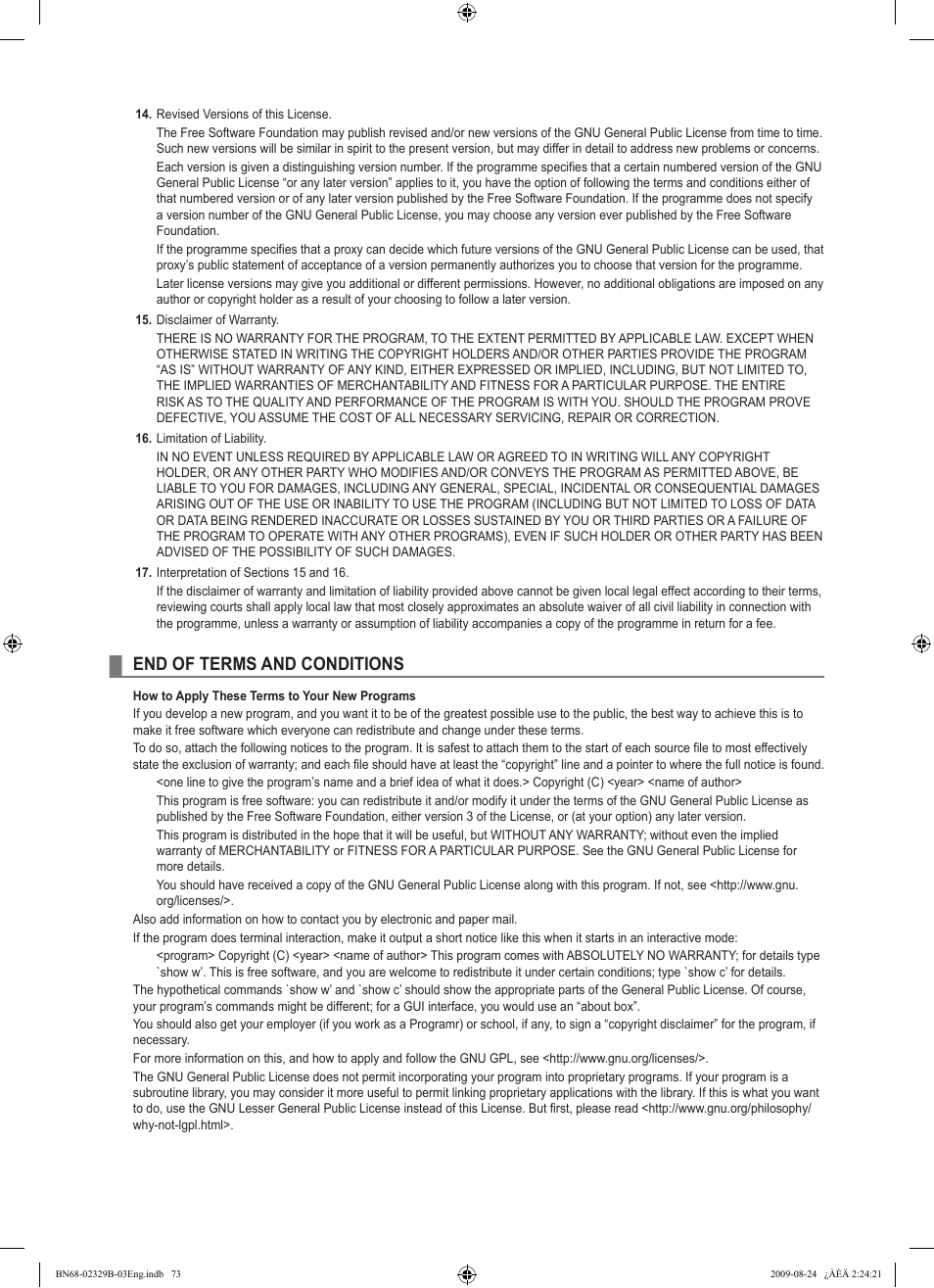 End of terms and conditions | Samsung UE32B7020WW User Manual | Page 75 / 702
