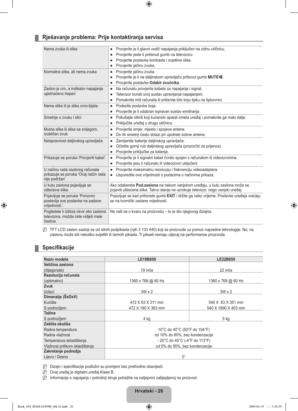 Rješavanje problema: prije kontaktiranja servisa, Specifikacije | Samsung LE22B650T6W User Manual | Page 168 / 288