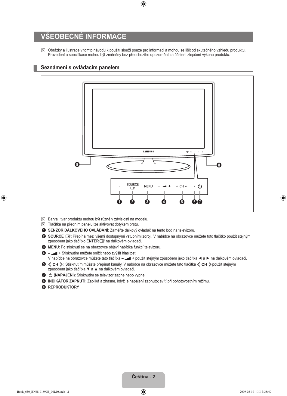 Všeobecné informace, Seznámení s ovládacím panelem | Samsung LE22B650T6W User Manual | Page 172 / 288