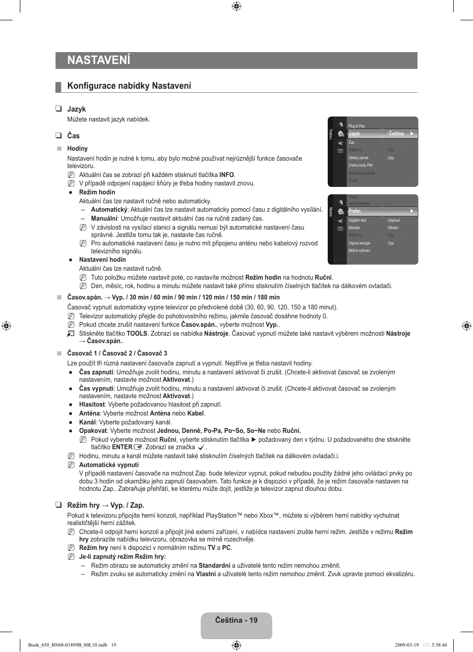 Nastavení, Konfigurace nabídky nastavení | Samsung LE22B650T6W User Manual | Page 189 / 288