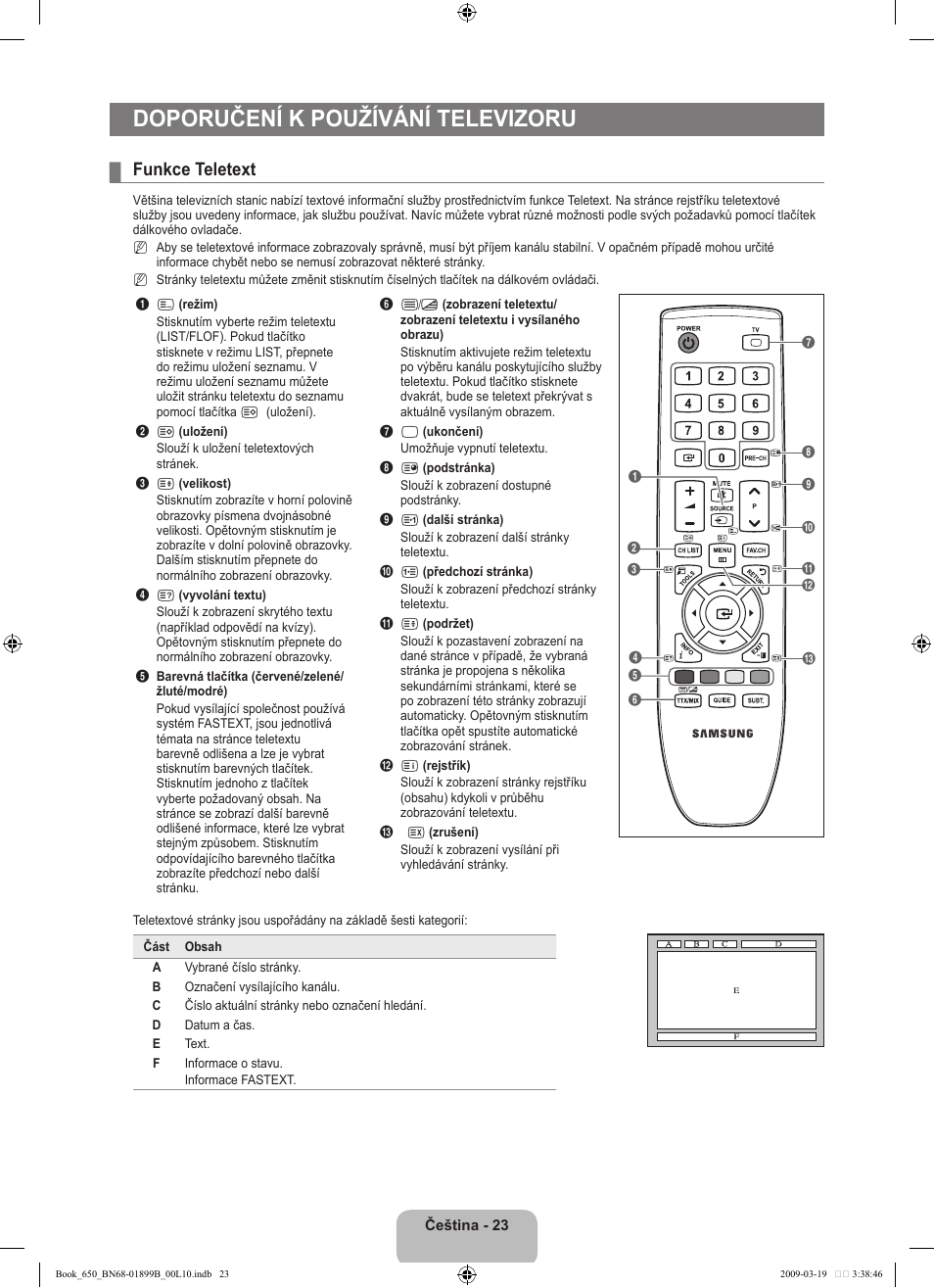 Doporučení k používání televizoru, Funkce teletext | Samsung LE22B650T6W User Manual | Page 193 / 288