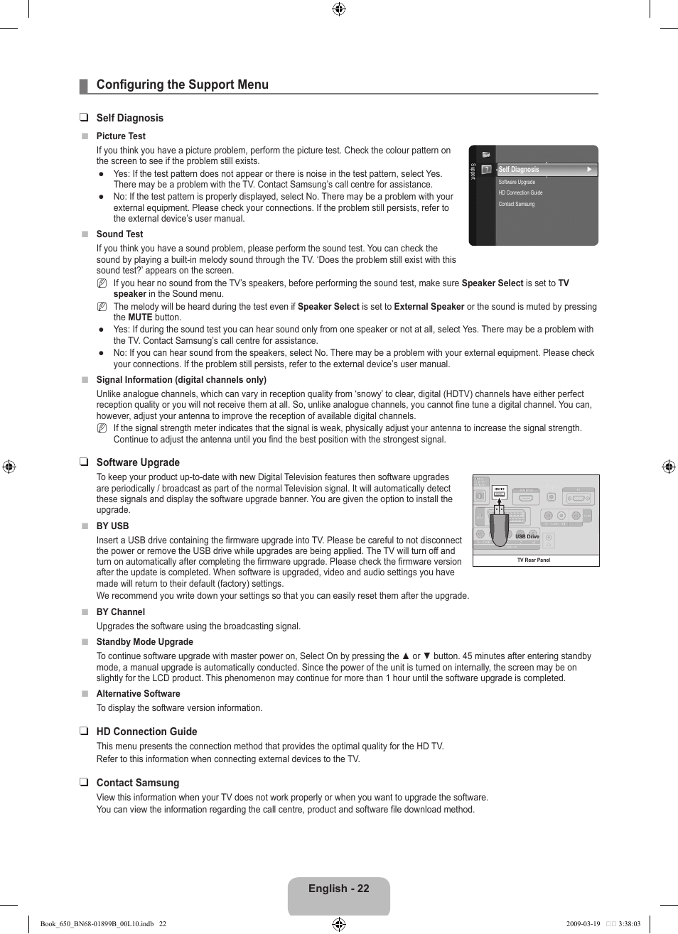 Configuring the support menu | Samsung LE22B650T6W User Manual | Page 24 / 288