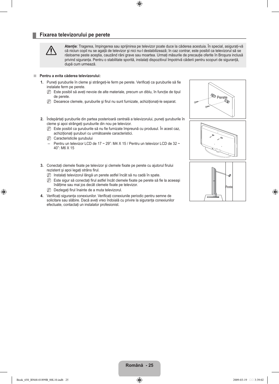 Fixarea televizorului pe perete | Samsung LE22B650T6W User Manual | Page 251 / 288
