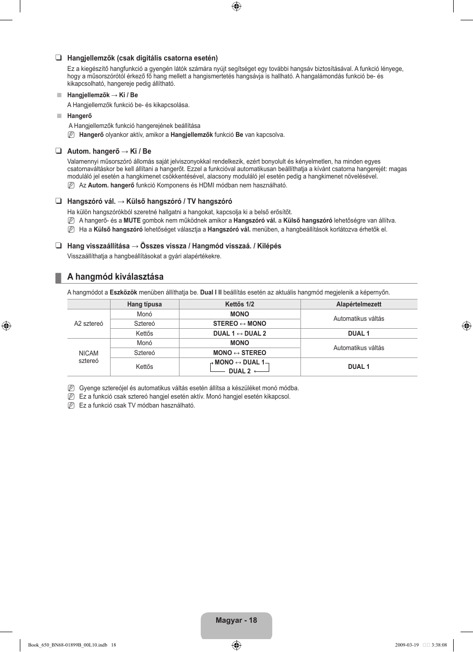 A hangmód kiválasztása | Samsung LE22B650T6W User Manual | Page 48 / 288