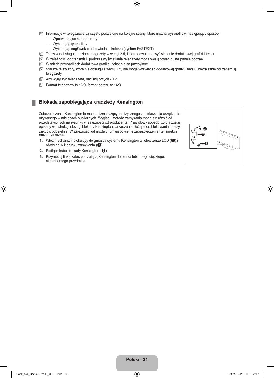 Blokada zapobiegająca kradzieży kensington | Samsung LE22B650T6W User Manual | Page 82 / 288