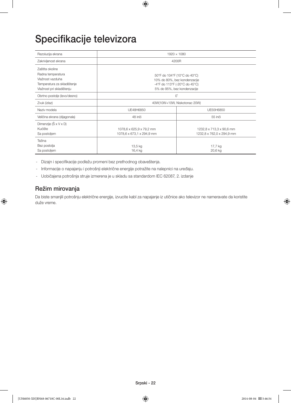 Specifikacije televizora, Režim mirovanja | Samsung UE48H6850AW User Manual | Page 220 / 354