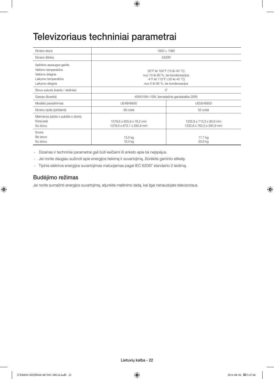 Televizoriaus techniniai parametrai, Budėjimo režimas | Samsung UE48H6850AW User Manual | Page 330 / 354