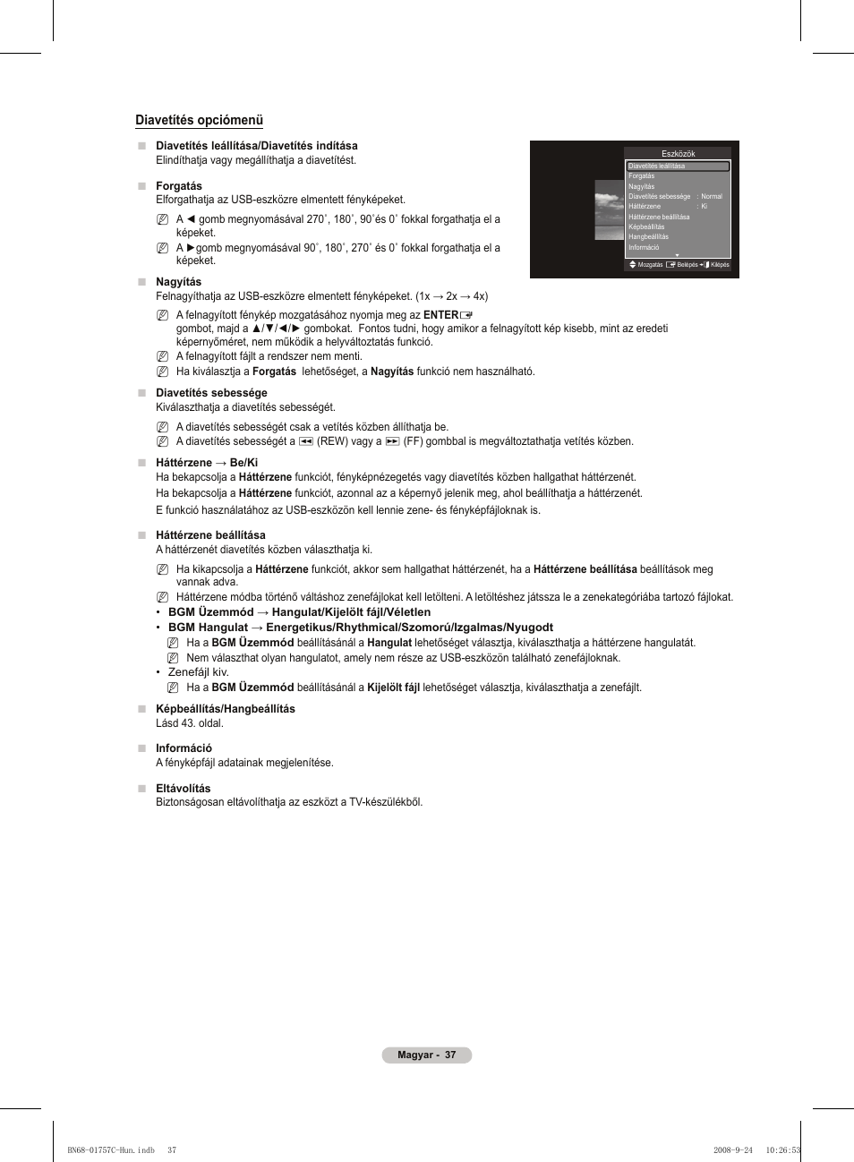 Diavetítés opciómenü | Samsung PS50A756T1M User Manual | Page 100 / 503