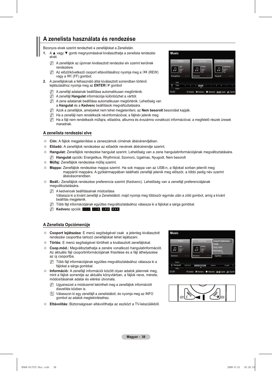 A zenelista használata és rendezése, A zenelista rendezési elve, A zenelista opciómenüje | Rew) vagy a, Nn n | Samsung PS50A756T1M User Manual | Page 101 / 503