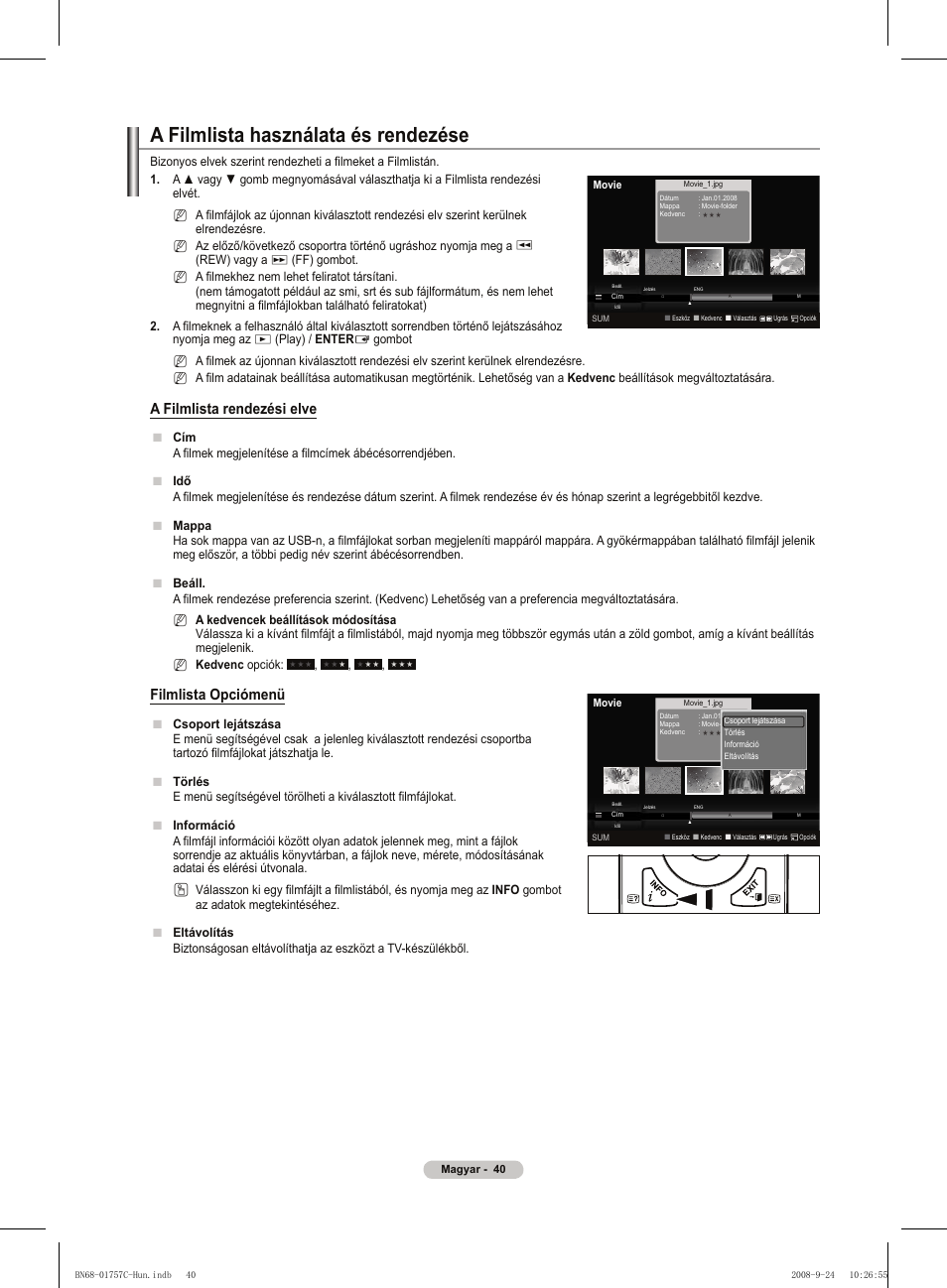 A filmlista használata és rendezése, A filmlista rendezési elve, Filmlista opciómenü | Samsung PS50A756T1M User Manual | Page 103 / 503