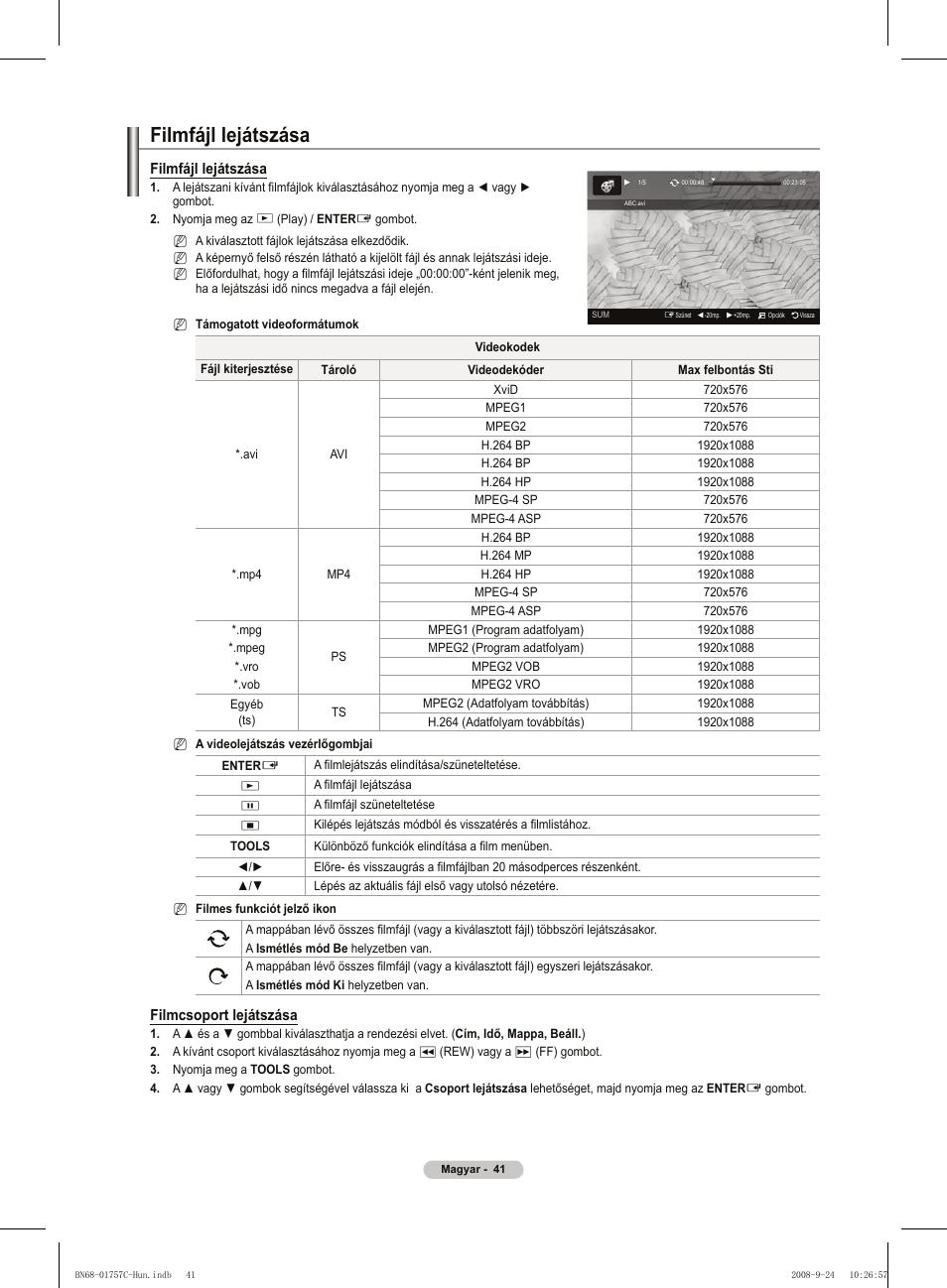 Filmfájl lejátszása, Filmcsoport lejátszása | Samsung PS50A756T1M User Manual | Page 104 / 503