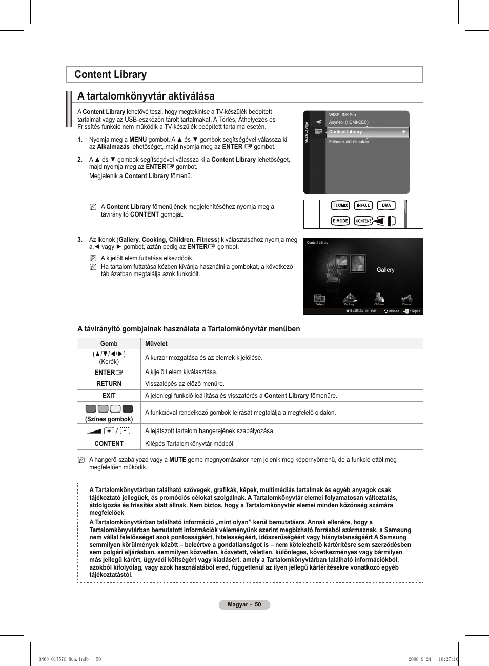 A tartalomkönyvtár aktiválása, Content library | Samsung PS50A756T1M User Manual | Page 113 / 503