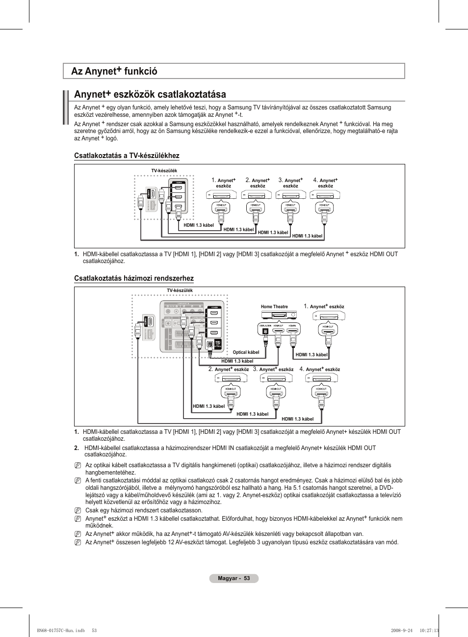Anynet+ eszközök csatlakoztatása, Az anynet+ funkció, Csatlakoztatás a tv-készülékhez | Csatlakoztatás házimozi rendszerhez | Samsung PS50A756T1M User Manual | Page 116 / 503