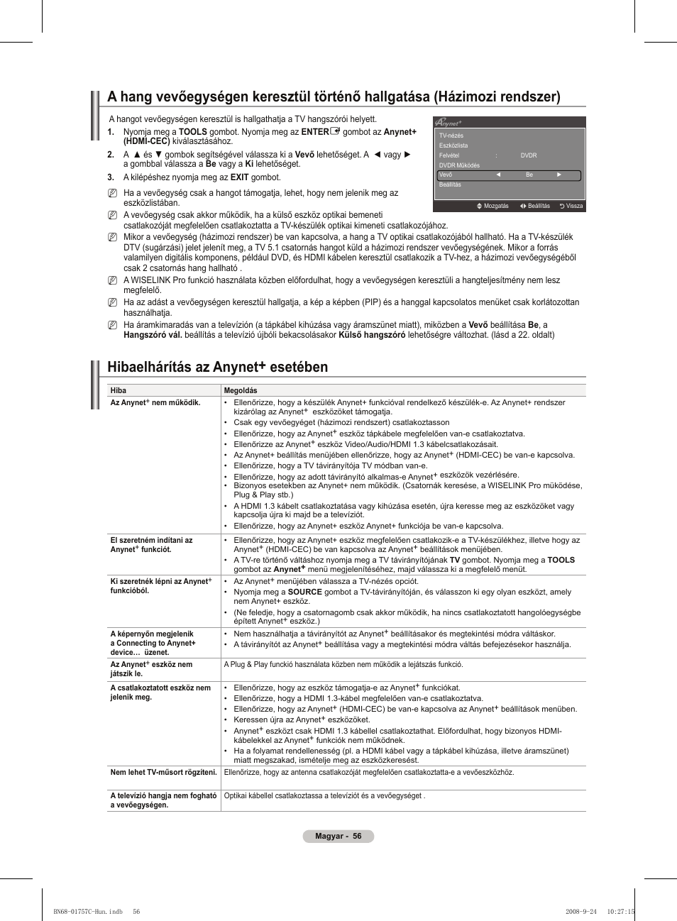 Hibaelhárítás az anynet+ esetében | Samsung PS50A756T1M User Manual | Page 119 / 503