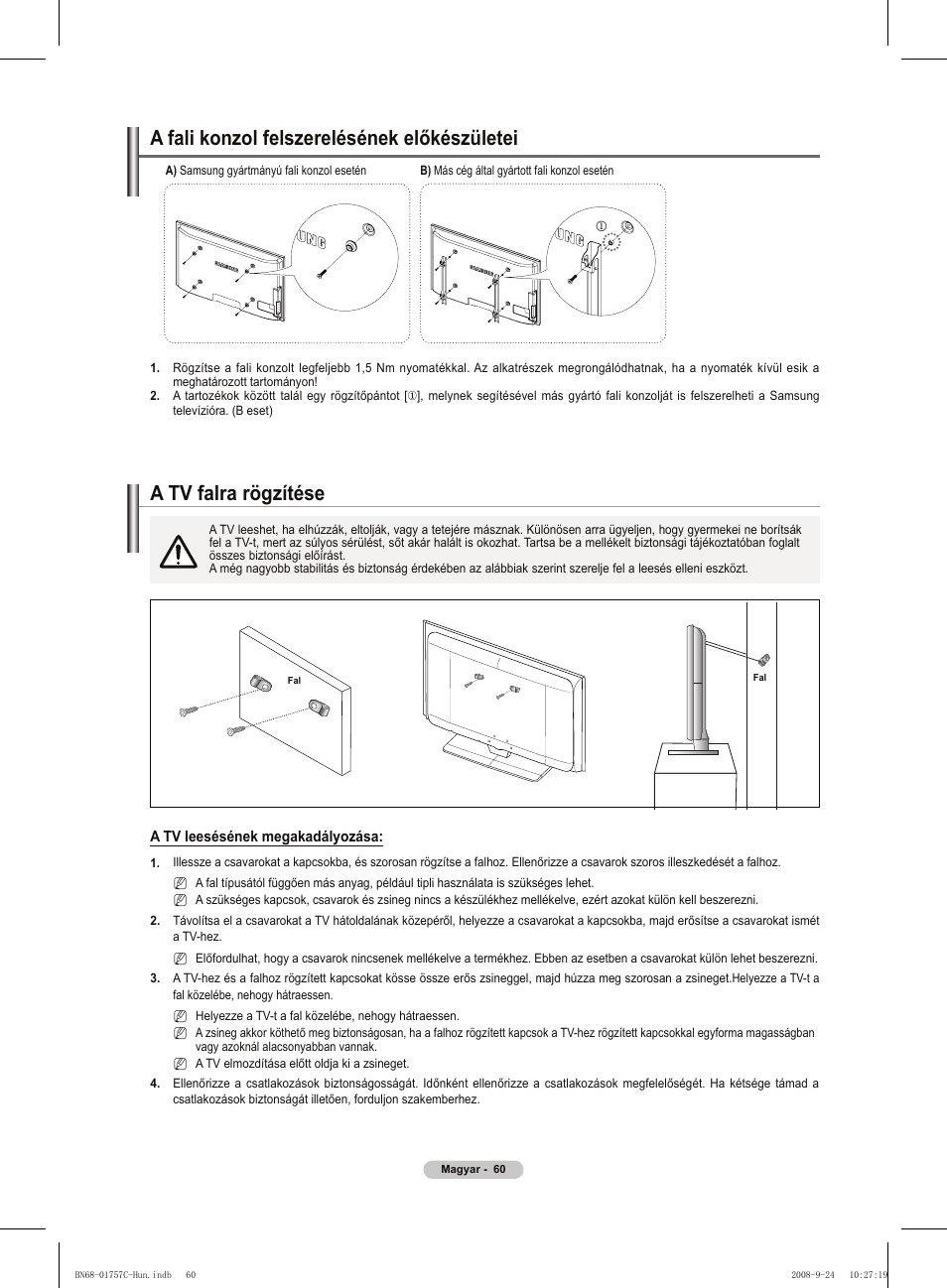경고 주의 경고 주의, A tv falra rögzítése, A fali konzol felszerelésének előkészületei | Samsung PS50A756T1M User Manual | Page 123 / 503