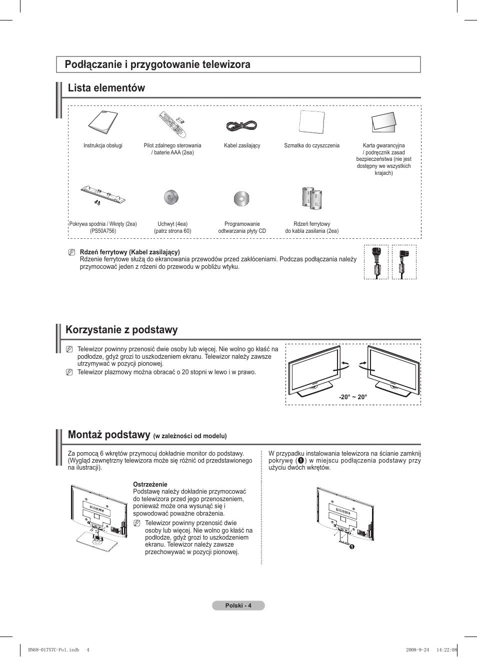 Korzystanie z podstawy, Montaż podstawy | Samsung PS50A756T1M User Manual | Page 129 / 503