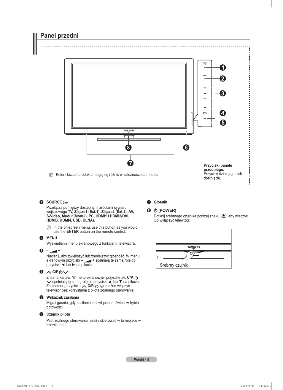 Panel przedni | Samsung PS50A756T1M User Manual | Page 130 / 503