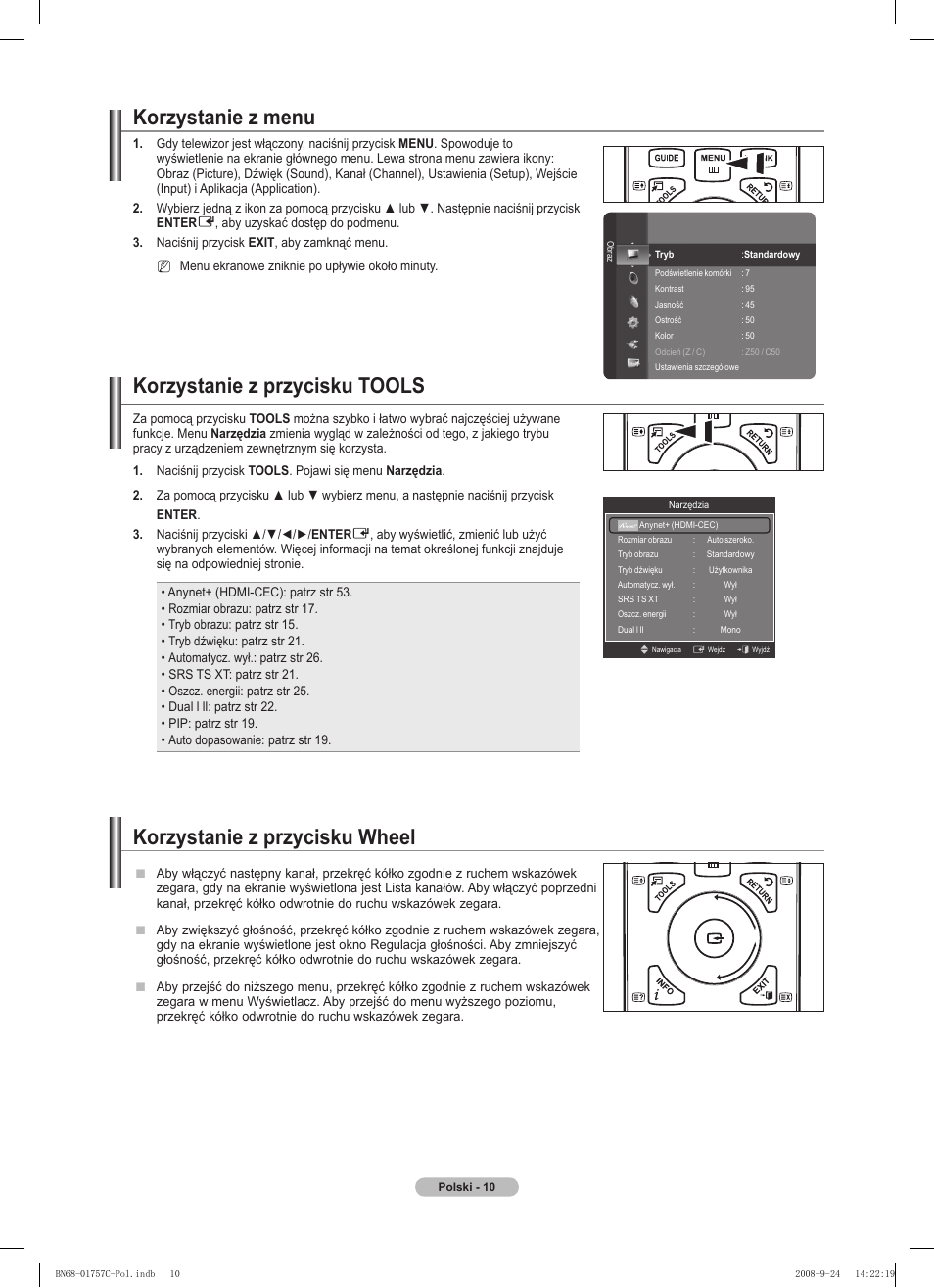 Korzystanie z menu, Korzystanie z przycisku tools, Korzystanie z przycisku wheel | Samsung PS50A756T1M User Manual | Page 135 / 503
